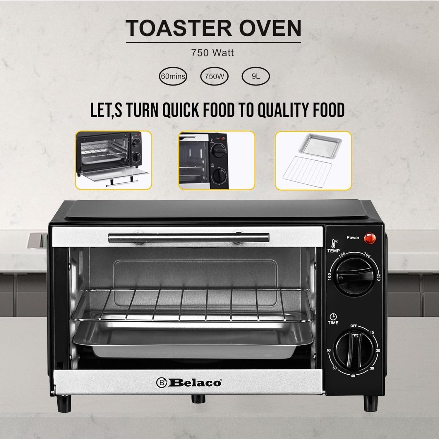 BTO-109N Mini 9L Toaster Oven Tabletop Cooking Baking Portable Oven 750W 60 Min Timer 100-230° Stainless Steel Heating Tube Incl. Baking Tray & Wire Rack