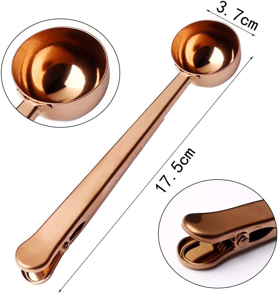 2PCS Coffee Scoop with Bag Clip, Stainless Steel Coffee Measuring Spoon Ground Coffee Sealer for Cafetiere Ground Coffee and Beans(Silver+Rose Gold）