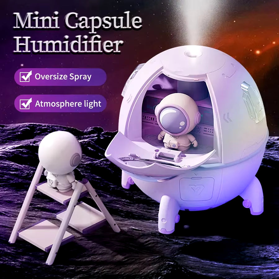 220ML Space Capsule Air Humidifier with USB Rechargeable Mist and 7-Color Atmosphere Light