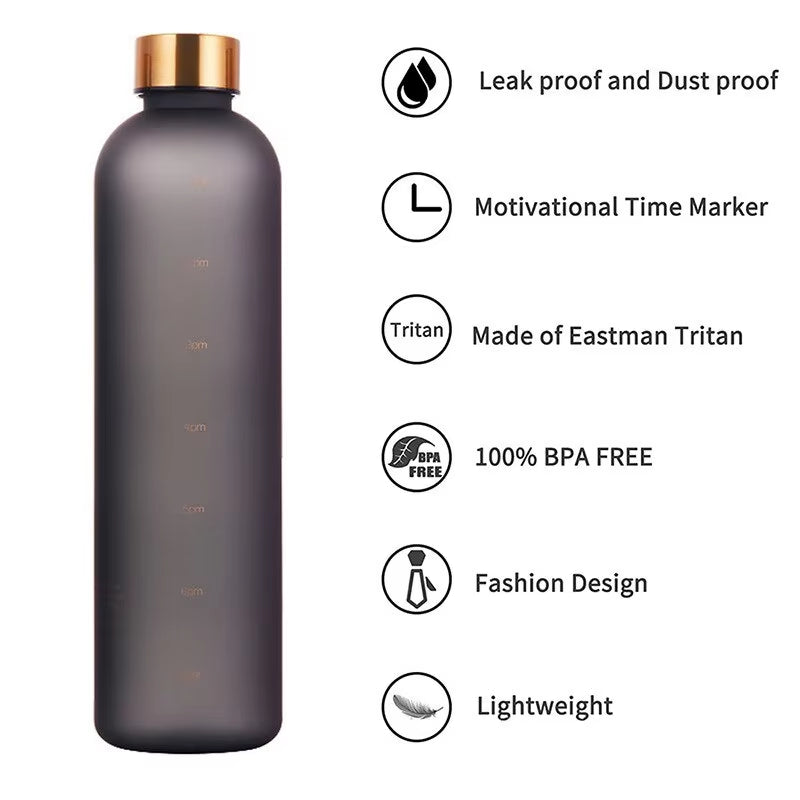 1L Bottle with Time Marker 32 OZ Motivational Reusable Fitness Sports Outdoors Travel Leakproof BPA Free Frosted Plastic