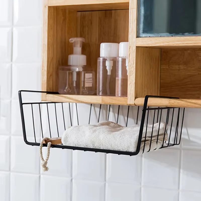 Multi-Functional Perforated Hanging Basket Storage Rack for Kitchen and Bathroom with Iron Bottom