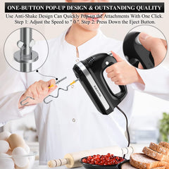 Hand Electric Mixer, 300W Ultra Power Food Kitchen Mixer with 5 Self-Control Speeds + Turbo Boost, 5 Stainless Steel Attachments Handheld Mixer for Baking, BLACK