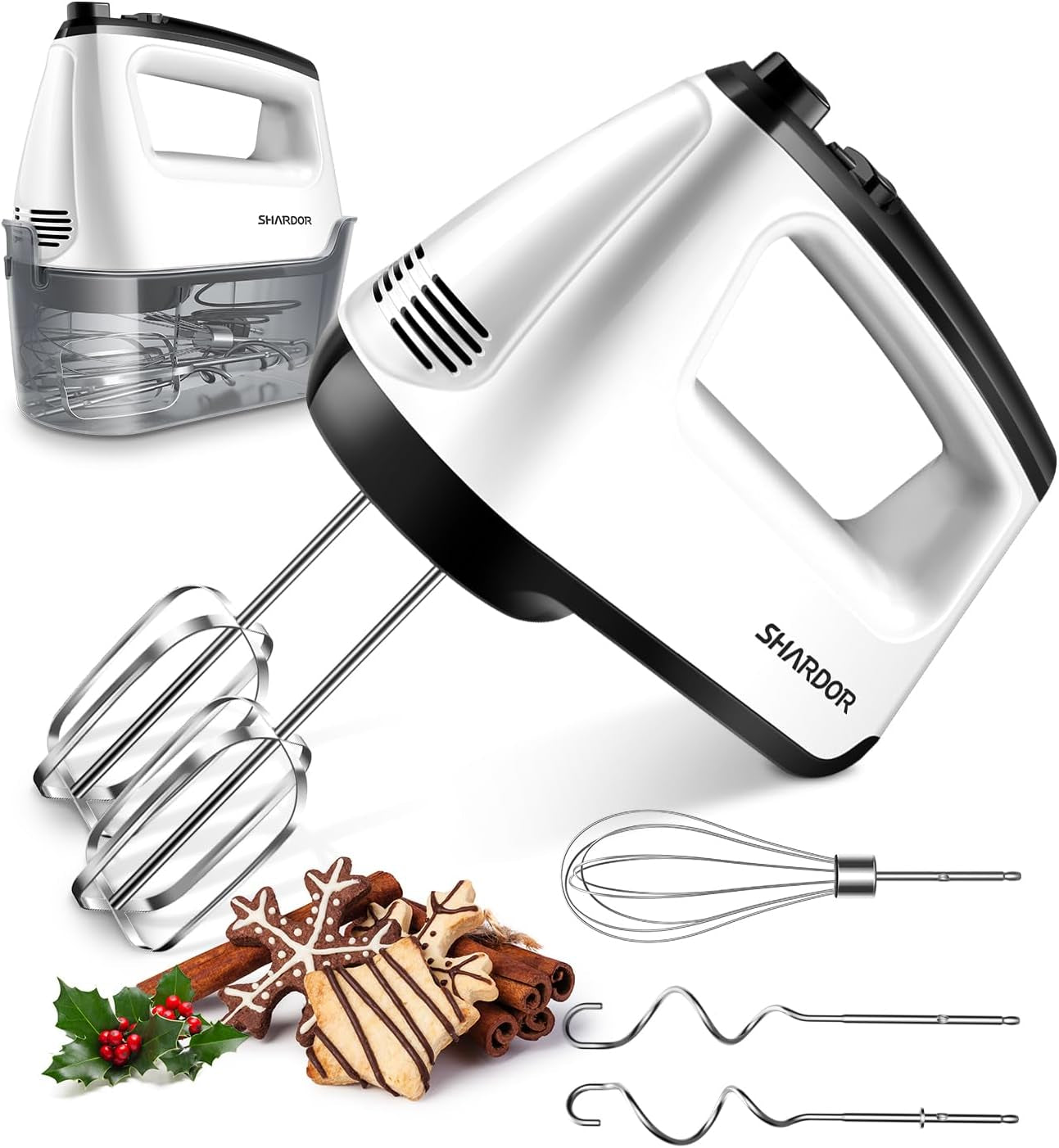 Hand Mixer Electric Whisk, Anti-Splash Hand Whisk, 6 Speeds with Turbo Button, Snap-On Storage Case, Easy Eject Button, 5 Stainless Steel Attachments, Electric Whisk for Kitchen Baking, 400W