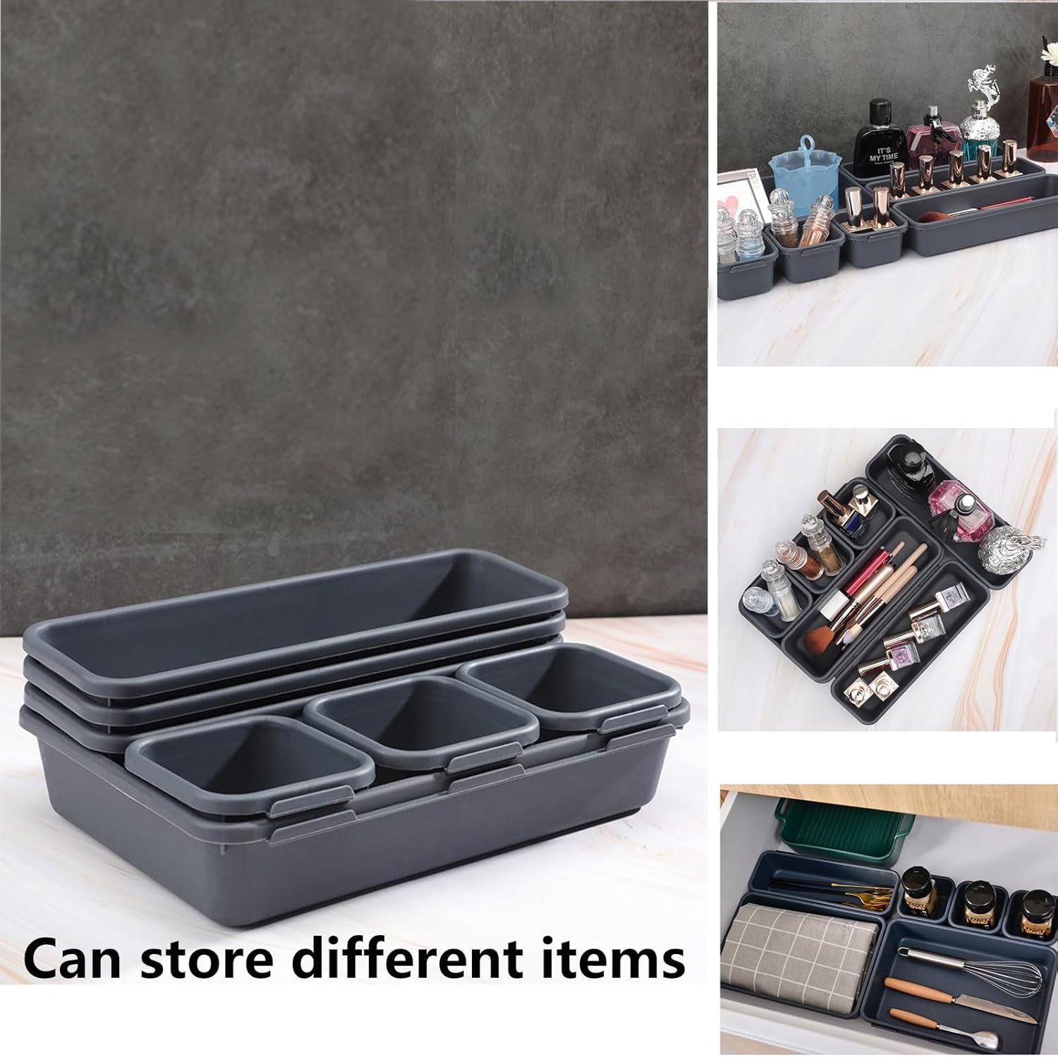 8 Pcs Drawer Organisers, 3 Size of Plastic Drawer Organizers, Interlocking Drawer Dividers Plastic Storage Trays for Makeup, Bedroom, Kitchen, Office - Durable Plastic, Non-Slip Pads (Grey)