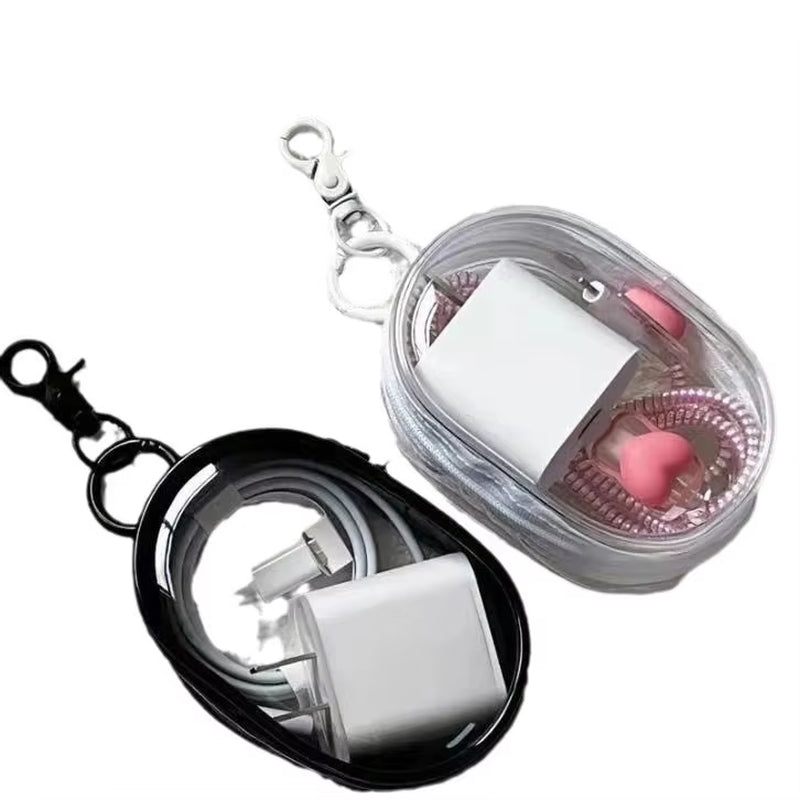 Portable Mini Transparent Storage Bag with Zipper, Multifunctional Headphone and Charger Case, Travel Accessories with Keychain