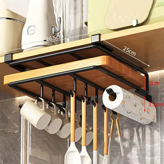 Kitchen Hanging Organizer Rack with Hooks under Cupboard Paper Towel Rags Hanger Cutting Board Pot Cover Holder Storage Shelf