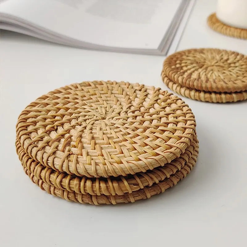 Hand-Made Rattan Coasters: Round Placemats and Insulation Pads for Kitchen Table Mats, Bowl Mats, and Coasters