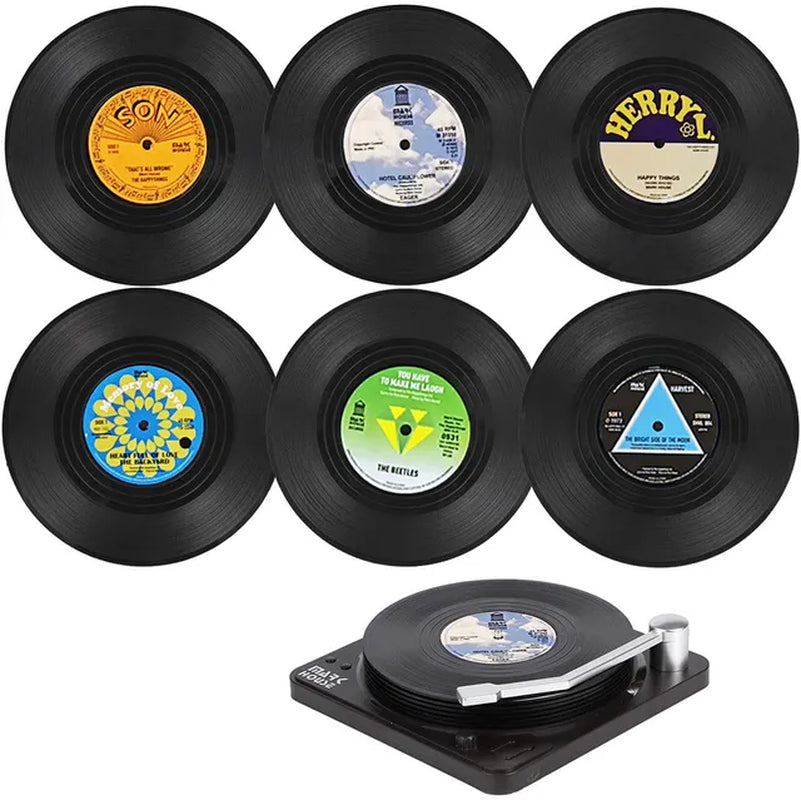 Set of 6 Retro Vinyl Record Coasters with Holder: Original Drink Mug Pads Mats for Glassware, Hot Utensils, and Decorative Tray Silicone