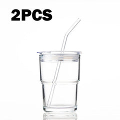 450Ml Simple Stripe Coffee Glass Cup with Lid and Straw Transparent Bubble Tea Cup Juice Glass Milk Mocha Cups Breakfast Mug