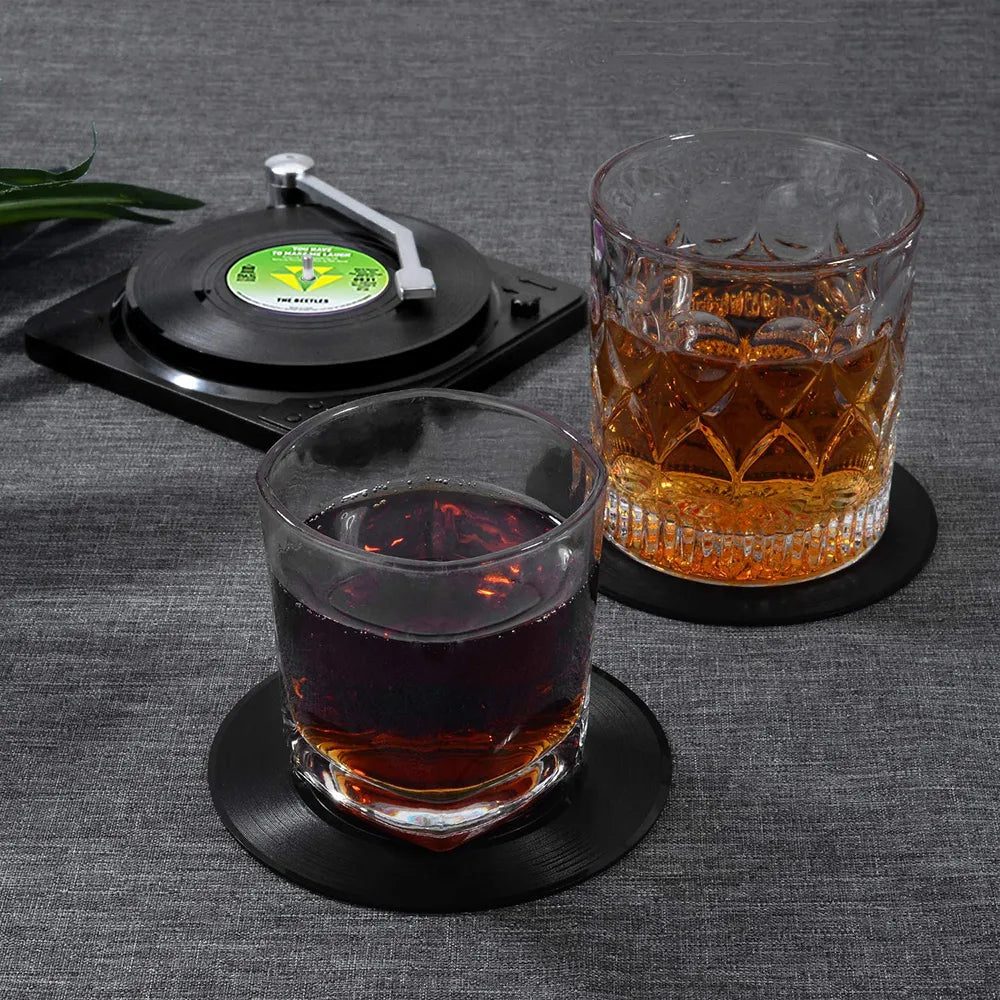 Set of 6 Retro Vinyl Record Coasters with Holder: Original Drink Mug Pads Mats for Glassware, Hot Utensils, and Decorative Tray Silicone