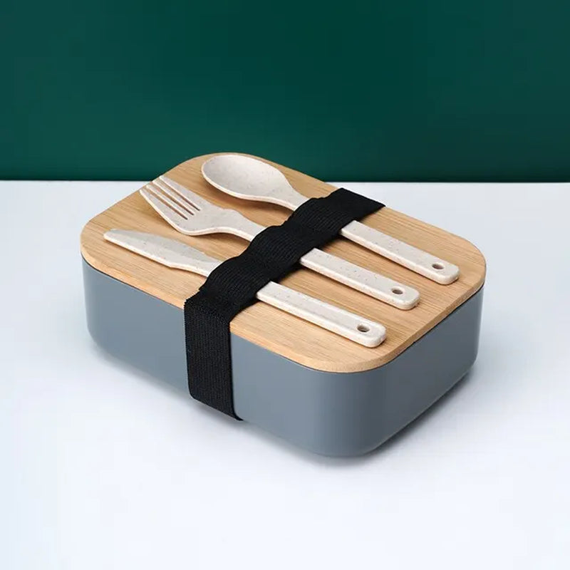 Japanese Style Bento Box Bamboo Wood Cover Wheat Straw Lunch Box Office Worker Bento Box with Knife Fork and Spoon Portable Set