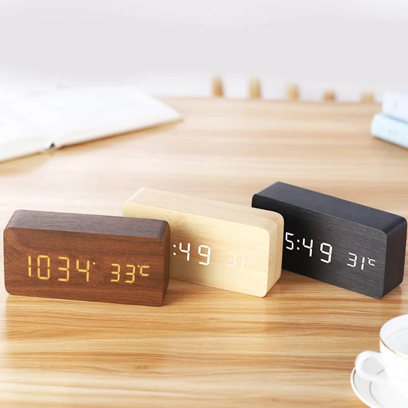 Wooden Digital Alarm Clock, LED Alarm Clock with Temperature Desk Clocks for Office,Bedside Clock