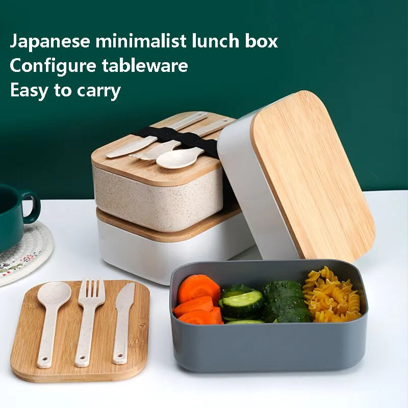 Japanese Style Bento Box Bamboo Wood Cover Wheat Straw Lunch Box Office Worker Bento Box with Knife Fork and Spoon Portable Set