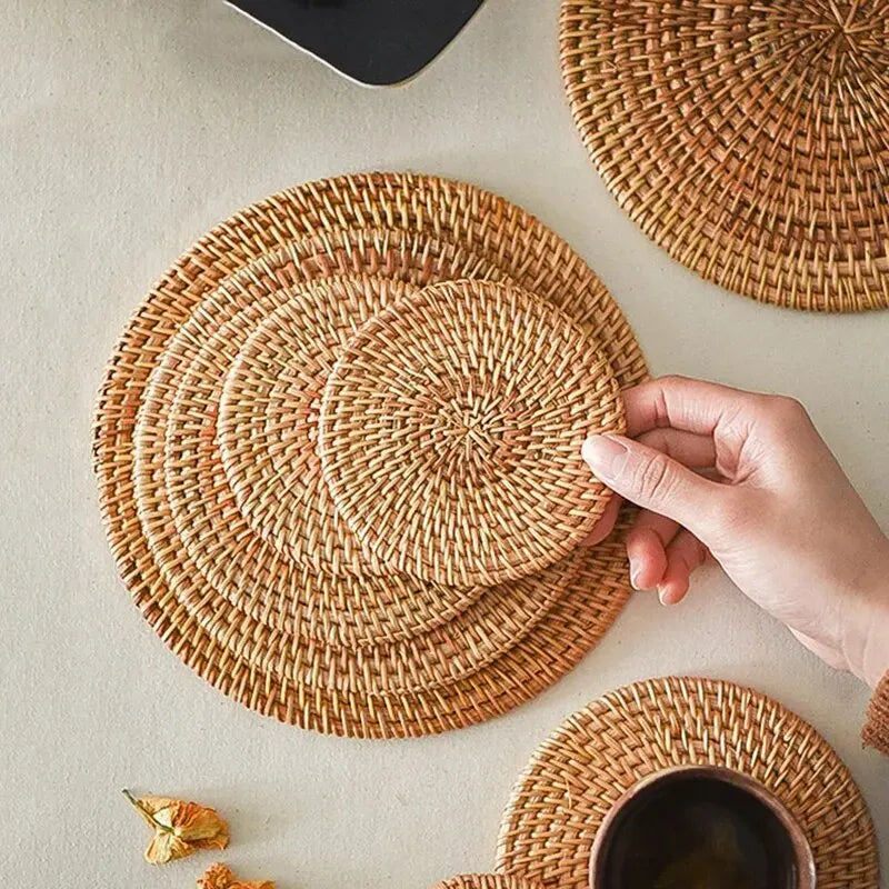 Hand-Made Rattan Coasters: Round Placemats and Insulation Pads for Kitchen Table Mats, Bowl Mats, and Coasters