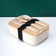 Japanese Style Bento Box Bamboo Wood Cover Wheat Straw Lunch Box Office Worker Bento Box with Knife Fork and Spoon Portable Set